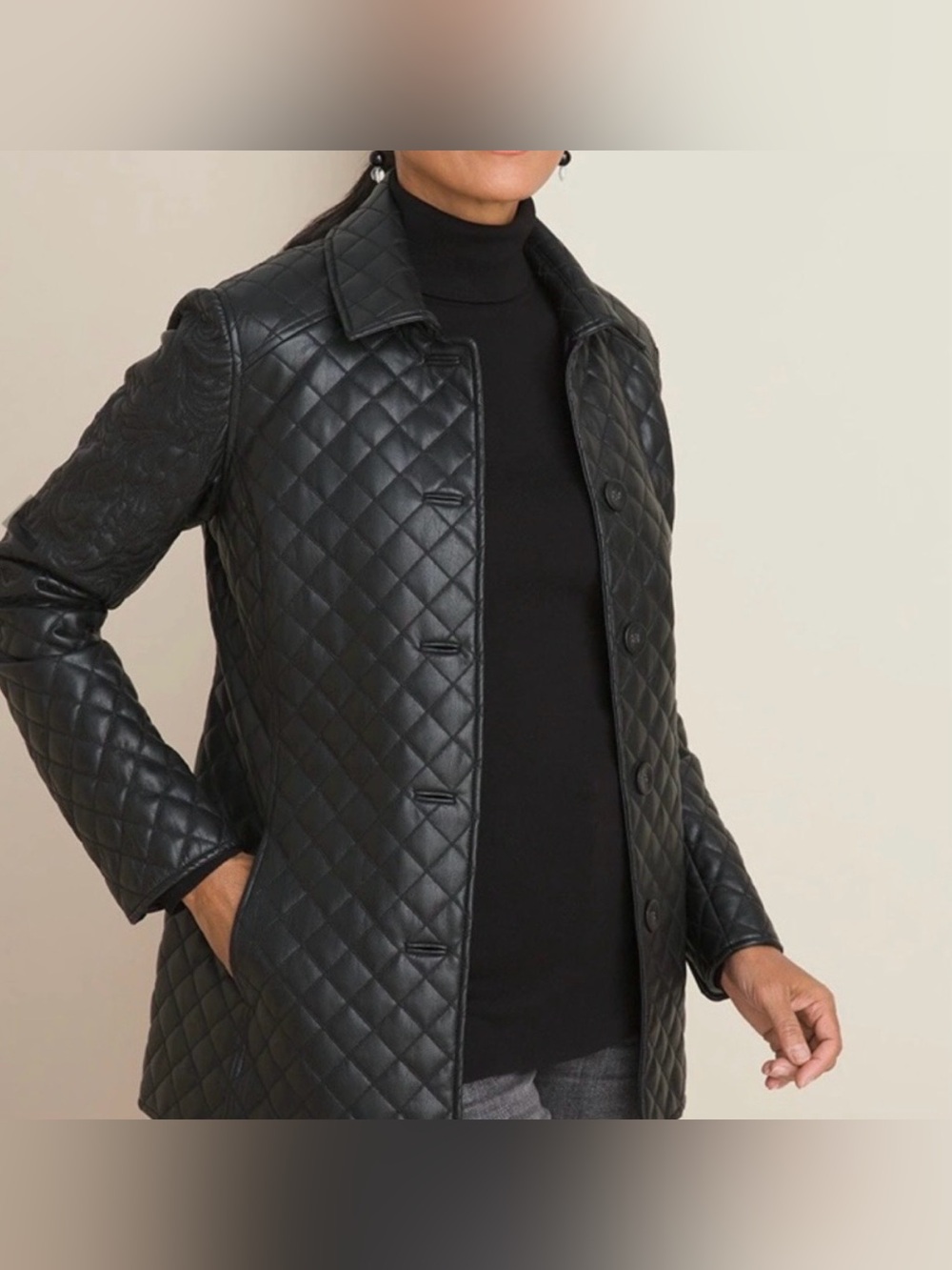 Siena Black Quilted Genuine Leather Button Up Jacket Coat Size 8